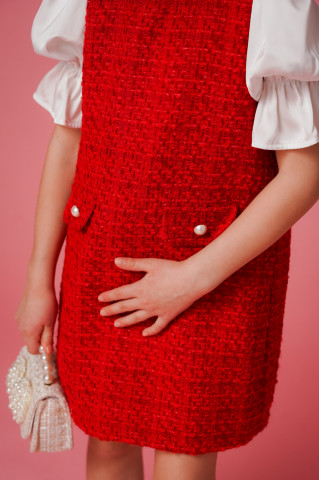 Rochie fete roșie din tweed cu mâneci din mătase, Clancy - Img 3