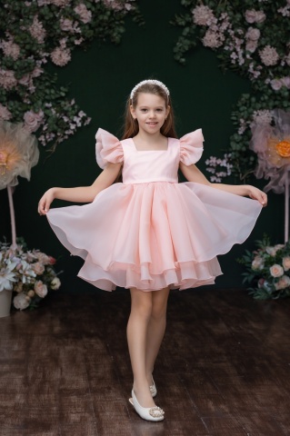 Rochie fete roz din organza cu volane și mâneci fluture, Pinky - Img 5