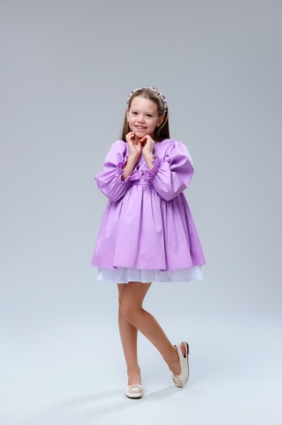 Rochie lila fete bumbac 100% cu maneci bufante si guler detasabil, Muse - Img 4