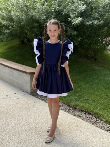 Rochie uniformă școlară fete bleumarin cu volane și căptușeală din bumbac – Academy Look - Img 2