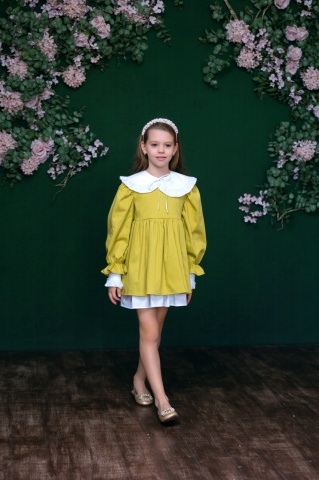 Rochie verde fete bumbac 100% cu maneci bufante si guler detasabil, Muse - Img 6