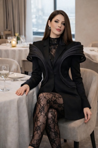 Sacou tip rochie sculptural negru din stofă, design premium – ICON - Img 4