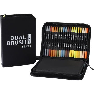 Set 60 carioci pe baza de apa, 2 in 1, pentru pictura, caligrafie, penar negru, corp carioca negru, 26.5x17.5x4.5 cm, multicolor