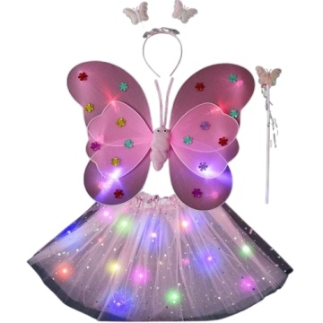 Costum fluturas copii, aripi luminoase, fusta tul, bagheta, bentita, 4 piese, roz deschis