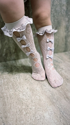 Cream Lace Knee-High Socks for Girls, Lace - Img 2
