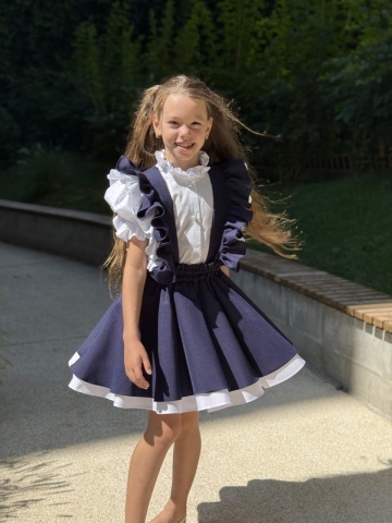 Fustă uniformă școlară cu bretele și volane pentru fete bleumarin, College Star