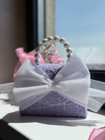 Geantă fete din tweed lila cu fundă supradimensionată albă, Lilia