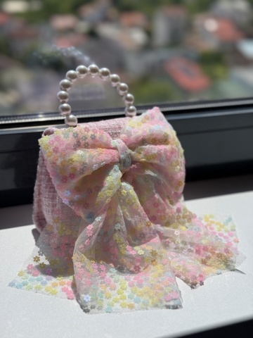 Geantă fete din tweed roz cu fundă supradimensionată, Bloomie - Img 5
