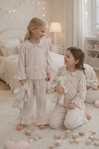 Pijama bej fete din bumbac cu volane și nasturi, Angel