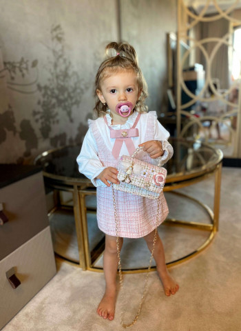 Pink Tweed Dress with Cotton Sleeves for Girls - Img 3
