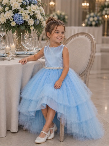 Rochie Celeste BABY BLUE lungă elegantă din tul pentru fete – rochie de ocazie cu pietre în talie - Img 4