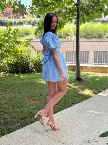 Rochie damă din bumbac baby blue de zi / elegantă cu mâneci bufante - Img 5