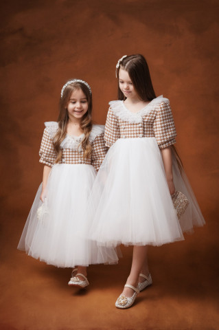Rochie eleganta fete din stofa houndstooth cu tulle și mâneci bufante, Grace - Img 6