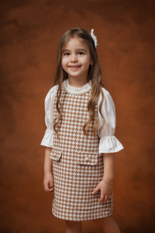 Rochie fete din stofa houndstooth cu mâneci din mătase, Camilla - Img 1