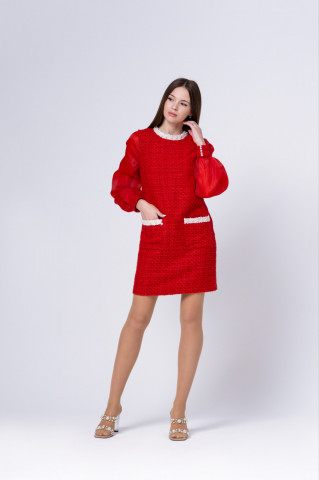 Rochie roșie din tweed cu maneci bufante din organza, Vanessa
