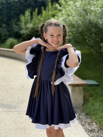 Rochie uniformă școlară fete bleumarin cu volane și căptușeală din bumbac – Academy Look - Img 12