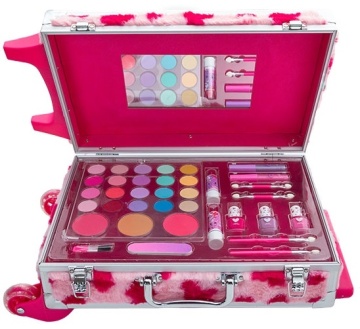 Set troler cosmetice pentru fetite Create It!, plastic si plus, 45 cm, cu roti, maner reglabil, 6+ ani, Roz cu inimioare - Img 2
