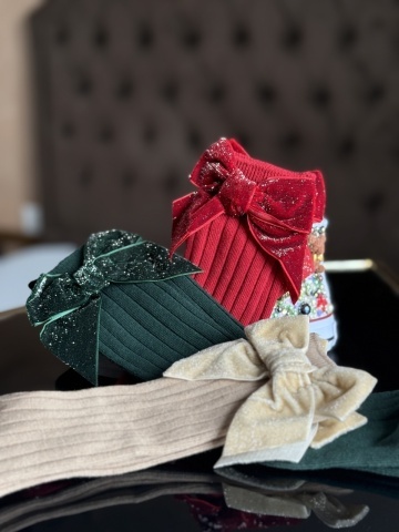 Șosete lungi din bumbac copii 0-8 ani, de Crăciun, cu fundițe roșii, verzi sau crem, Merry