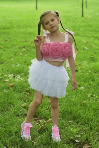 Top Couture reglabil roz bombon cu flori supradimensionate din organza – Rosalie - Img 5