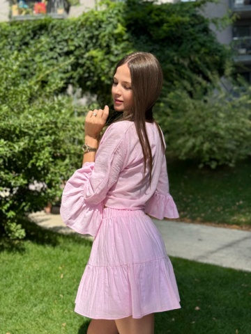 Compleu damă vară bumbac roz – fustă lejeră și crop top cu volane, Rozalia - Img 4
