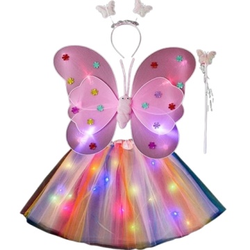 Costum fluturas copii, aripi luminoase, fusta tul, bagheta, bentita, 4 piese, curcubeu