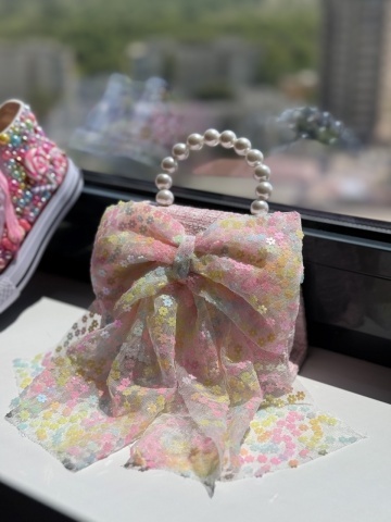 Geantă fete din tweed roz cu fundă supradimensionată, Bloomie - Img 2