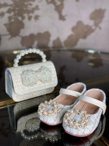 Pantofi albi din tweed cu perle pentru fetite, Grace