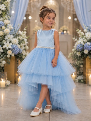 Rochie Celeste BABY BLUE lungă elegantă din tul pentru fete – rochie de ocazie cu pietre în talie