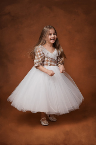 Rochie eleganta fete din stofa houndstooth cu tulle și mâneci bufante, Grace - Img 5