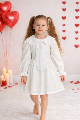 Rochie fete 100% bumbac cu imprimeu inimioare aurii, guler cu fundiță și mâneci bufante – Mini Amour - Img 9