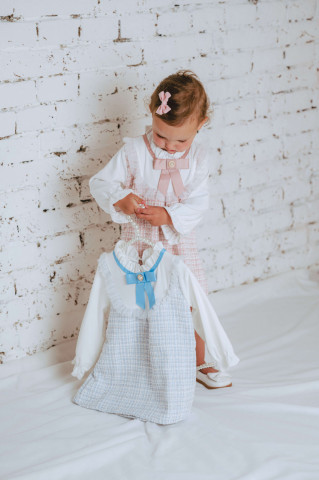 Rochie fete Bleu din Tweed cu Maneci din Bumbac - Img 2