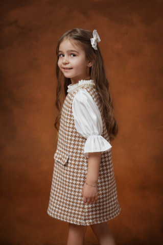 Rochie fete din stofa houndstooth cu mâneci din mătase, Camilla - Img 2