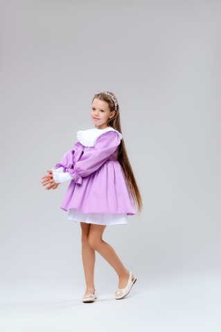 Rochie lila fete bumbac 100% cu maneci bufante si guler detasabil, Muse - Img 5