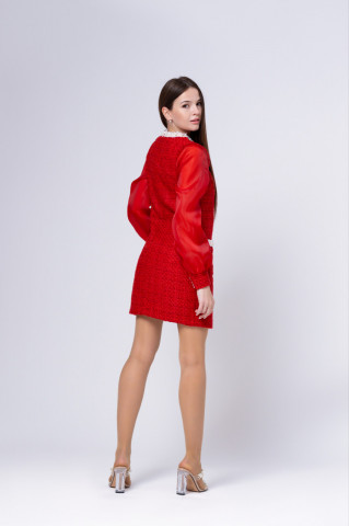 Rochie roșie din tweed cu maneci bufante din organza, Vanessa - Img 2