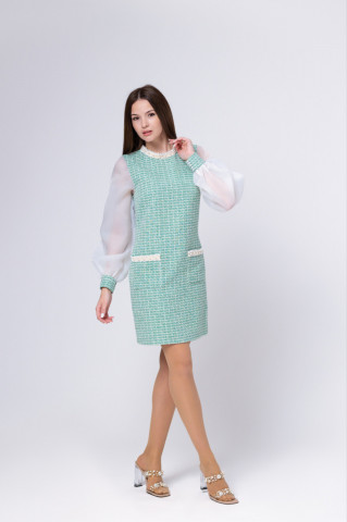 Rochie verde eleganta din tweed cu maneci bufante de organza, Julia - Img 4