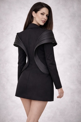 Sacou tip rochie sculptural negru din stofă, design premium – ICON - Img 3