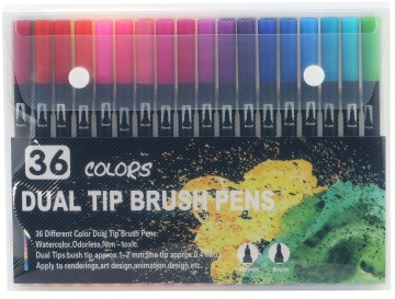 Set 36 carioci, pe baza de apa, 2 tipuri de varf, 1-2 mm, 0.4 mm, corp carioca negru, din plastic, multicolor
