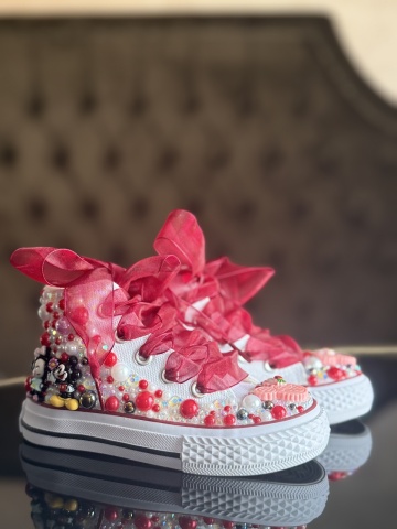 Teniși fete Mickey & Minnie Mouse, perle roșii roz cristal, fundă organza – Handmade - Img 4