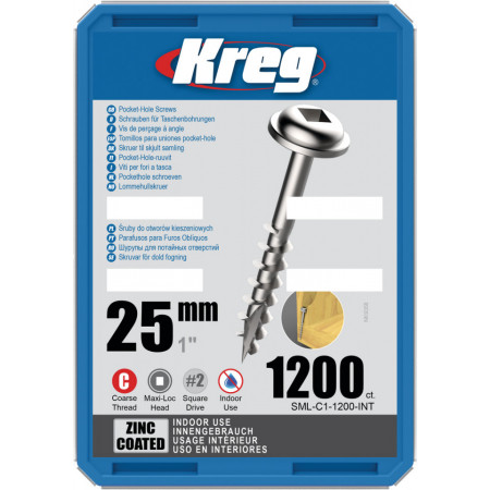 Holtsuruburi KREG® Pocket-Hole, zincate, 25mm, filet grosier, cap bombat, Maxi-Loc - 1200 bucati