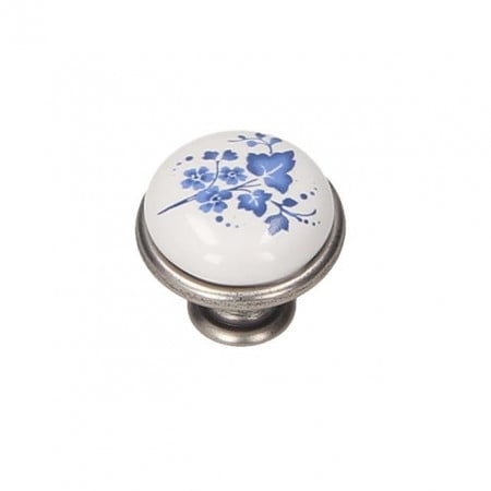 Buton metalic - GP19 - argintiu portelan WHT - flori albastre