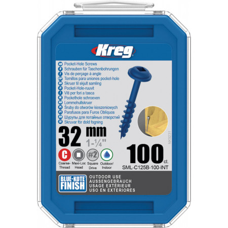 Holtsuruburi KREG® Pocket-Hole, Blue-Kote, 32mm, filet grosier, cap bombat, Maxi-Loc - 100 bucati