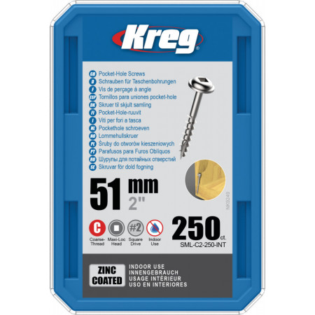 Holtsuruburi KREG® Pocket-Hole, zincate, 51mm, filet grosier, cap bombat, Maxi-Loc - 250 bucati