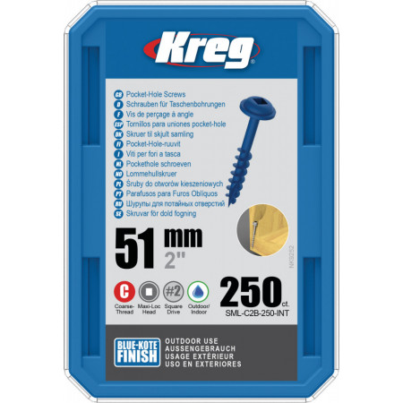 Holtsuruburi KREG® Pocket-Hole, Blue-Kote, 51mm, filet grosier, cap bombat, Maxi-Loc - 250 bucati