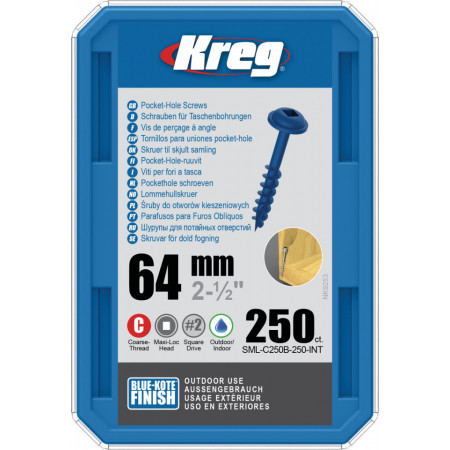Holtsuruburi KREG® Pocket-Hole, Blue-Kote, 64mm, filet grosier, cap bombat, Maxi-Loc - 250 bucati
