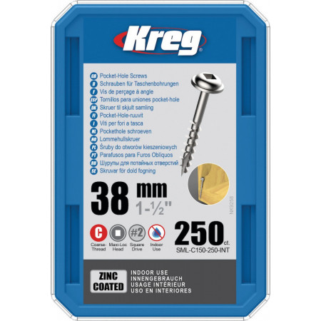 Holtsuruburi KREG® Pocket-Hole, zincate, 38mm, filet grosier, cap bombat, Maxi-Loc - 250 bucati