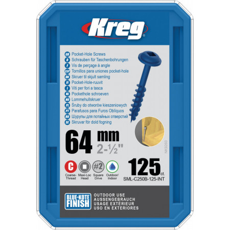 Holtsuruburi KREG® Pocket-Hole, Blue-Kote, 64mm, filet grosier, cap bombat, Maxi-Loc - 125 bucati