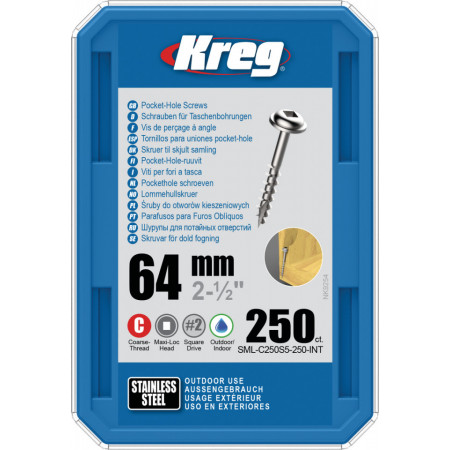 Holtsuruburi KREG® Pocket-Hole, Inox, 64mm, filet grosier, cap bombat, Maxi-Loc - 250 bucati