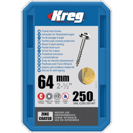 Holtsuruburi KREG® Pocket-Hole, zincate, 64mm, filet grosier, cap bombat, Maxi-Loc - 250 bucati
