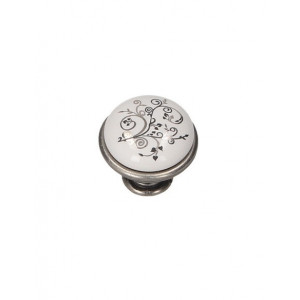 Buton metalic - GP19 - argintiu portelan WHT - flori argintiu / negru