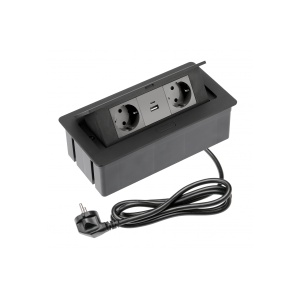 Priza GTV dreptunghiulara, 2xSchuko, USB A + USB C, cablu 1,5ml - Neagra